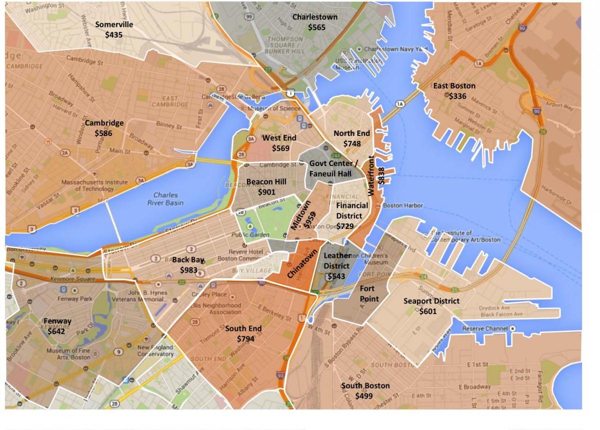 เมืองแห่งบอสตันแบ่งเขตบนแผนที่