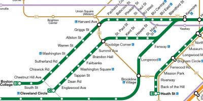 MBTA สีเขียวบนเส้นบนแผนที่