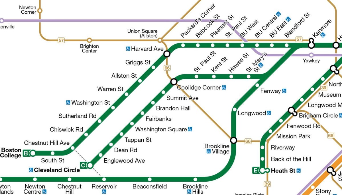 MBTA สีเขียวบนเส้นบนแผนที่