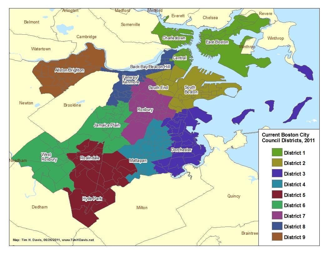 แผนที่ของบอสตัน districts. kgm