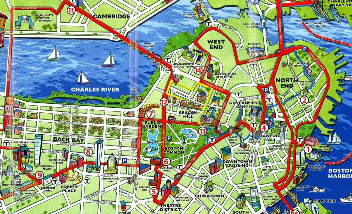 นักท่องเที่ยวหน่อยบนแผนที่ของบอสตัน